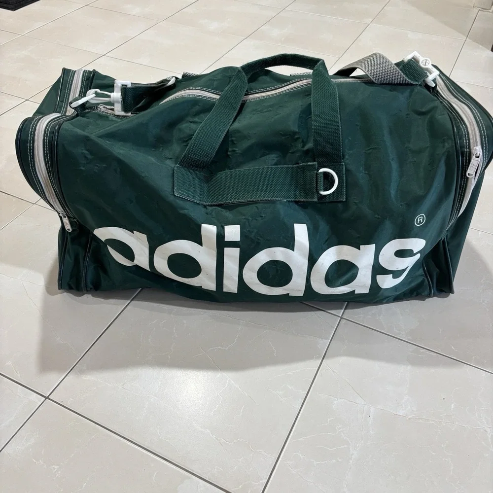 Vintage 80s 90s Adidas Duffle Bag Green Trefoil Gym Bag RARE Zipper Large Gear